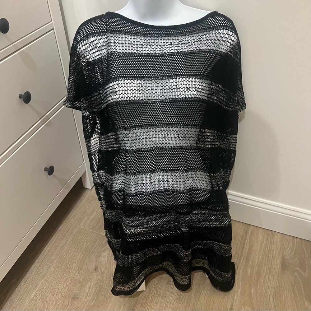 Bali Club Beach Coverup Black and White Sheer Striped Mesh Top Small
